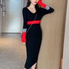 Long-sleeve Color Block Knit Midi Bodycon Dress