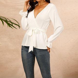 Bell-sleeve Chiffon Wrap Blouse