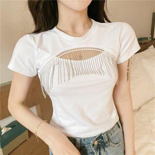 Short-sleeve Fringed Cutout Cropped T-shirt