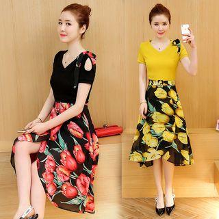 Set: Cutout Shoulder Short-sleeve Dress + Flower Print A-line Skirt