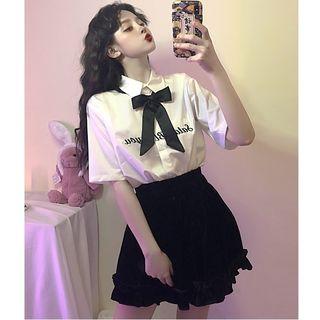 Short-sleeve Lettering Embroidered Shirt / Frill Hem Shorts