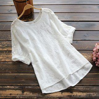 Elbow-sleeve Lace Paneled Embroidered Top