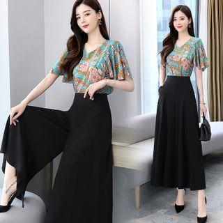 Set: Flutter Sleeve Floral Print T-shirt + High Waist Plain Wide-leg Pants