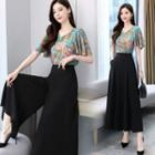 Set: Flutter Sleeve Floral Print T-shirt + High Waist Plain Wide-leg Pants