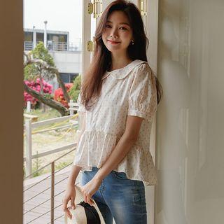 Peterpan-collar Dotted Floral Peplum Blouse