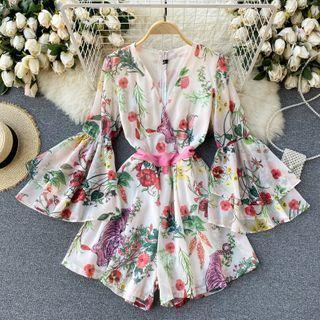 Floral Elbow-sleeve Romper Floral - Almond - One Size