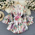 Floral Elbow-sleeve Romper Floral - Almond - One Size
