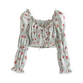 Gingham Cherry Print Cropped Blouse