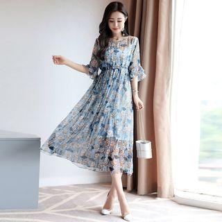 Set: Floral Print Elbow-sleeve A-line Midi Dress + Strappy Dress