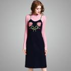 Mock-neck Long-sleeve Knit Top / Flower Embroidered Spaghetti Strap Dress