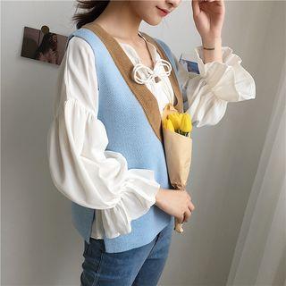 V-neck Blouse / Knit Vest / Set
