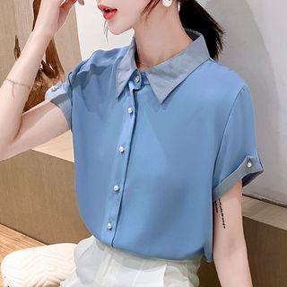 Faux Pearl Short-sleeve Chiffon Shirt