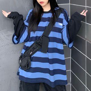 Mock Two-piece Oversized Striped Long-sleeve Top
