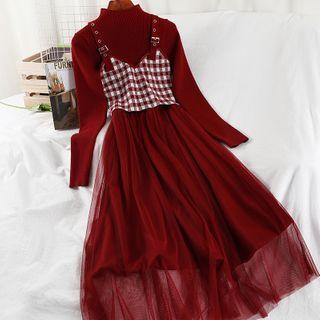 Set: Long-sleeve Mock-neck Knit Midi Dress + Spaghetti Strap Plaid Top
