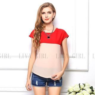 Short-sleeve Colour Block Chiffon Top