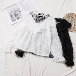 Mesh Panel Long Sleeve Fringed Lace Top