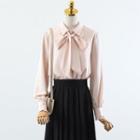 Long-sleeve Bow Blouse / Pleated Midi A-line Skirt