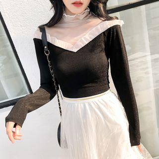 Mesh Panel Mock-turtleneck Glitter Long-sleeve Top