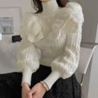 Bishop-sleeve Frill-trim Cable-knit Top