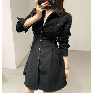 Lace-up Corduroy Mini A-line Shirtdress