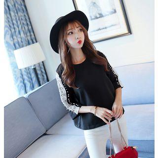 Faux Pearl Lace Panel Elbow Sleeve Top