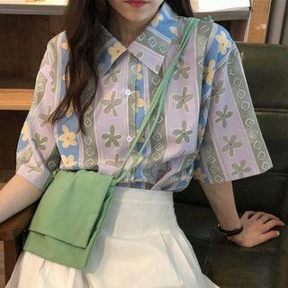 Short-sleeve Flower Print Shirt Light Purple - One Size