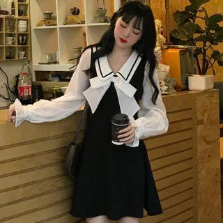 Long-sleeve Bow-neck A-line Mini Dress