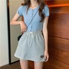 Short-sleeve Plain Open-front Cropped Top / A-line Mini Skirt