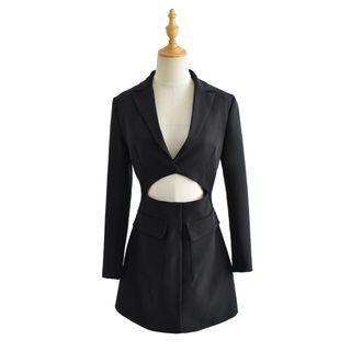 Long-sleeve Collared Cut Out Mini A-line Dress
