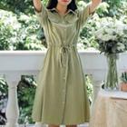 Tie Waist Elbow-sleeve Shirt Dress