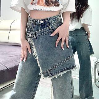 Asymmetrical Patched Distressed Mid Waist Wide Leg Jeans