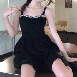 Spaghetti-strap Velvet Mini A-line Dress Black - One Size