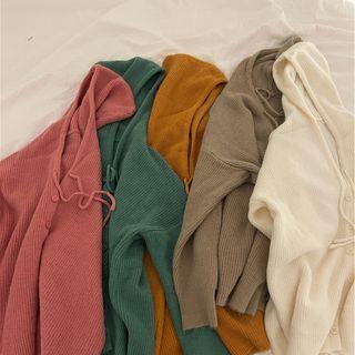 Plain Long-sleeve Knit Hooded Cardigan