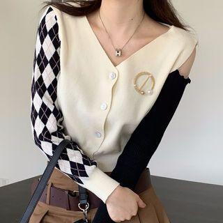 Long-sleeve Cutout Button-up Knit Top Black & White - One Size