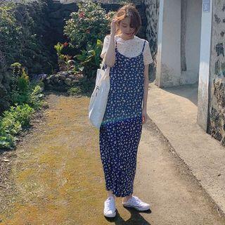 Short-sleeve Floral Print T-shirt / Spaghetti Strap Midi Shift Dress