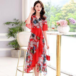 Elbow-sleeve Ruffle Trim Chiffon Midi A-line Dress