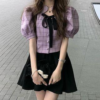 Puff-sleeve Bow Accent Plaid Shirt / High-waist Plain A-line Mini Skirt