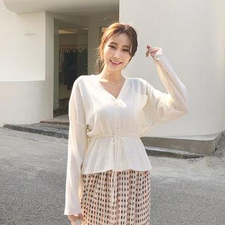 Faux-pearl Button Drawstring-waist Cardigan
