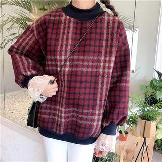 Lace-cuff Panel Plaid Pullover