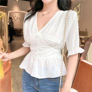 Elbow-sleeve Frill Trim Buttoned Chiffon Top