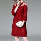 Mesh Panel 3/4-sleeve Embroidered Shift Dress