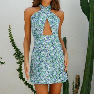 Halter Floral Cut-out Mini Sheath Dress
