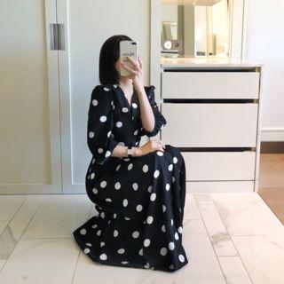 Tie-waist Polka-dot Maxi Dress Black - One Size