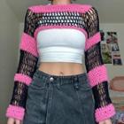 Long Sleeve Striped Color-block Crochet Crop Knit Top Black - One Size