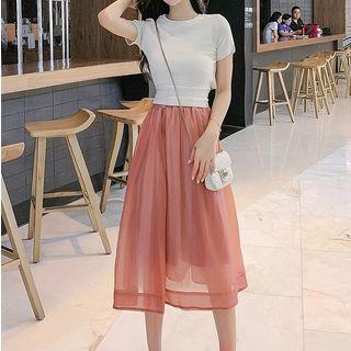 Set: Short-sleeve Crew-neck T-shirt + Midi A-line Skirt