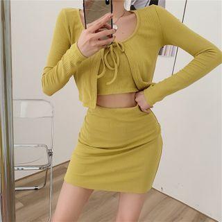 Set: Cropped Camisole Top + A-line Skirt + Cardigan