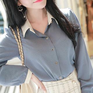 Contrast-collar Metal-button Blouse