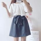 Set: Off-shoulder 3/4-sleeve Top + Striped A-line Skirt