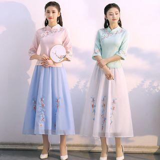 3/4-sleeve Hanfu Top / Midi A-line Skirt / Set