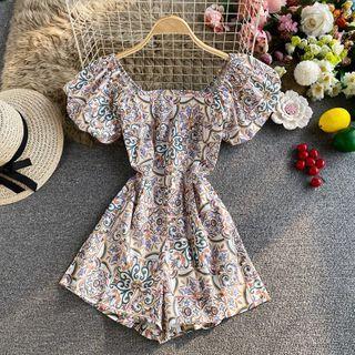 Square-neck Puff Short-sleeve Retro Print Playsuit